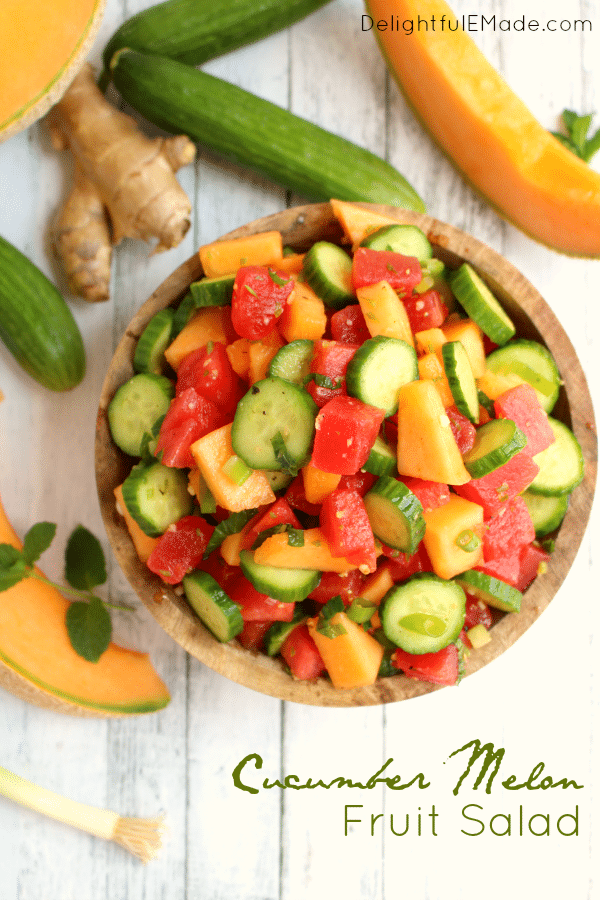 Fruit salad brought to a whole new level! Crunchy cucumbers, sweet watermelon and cantaloupe along with a delicious lime-ginger dressing makes this salad wonderfully fresh and delicious! An awesome summer side dish, perfect for picnics, pot-lucks and back yard cookouts!