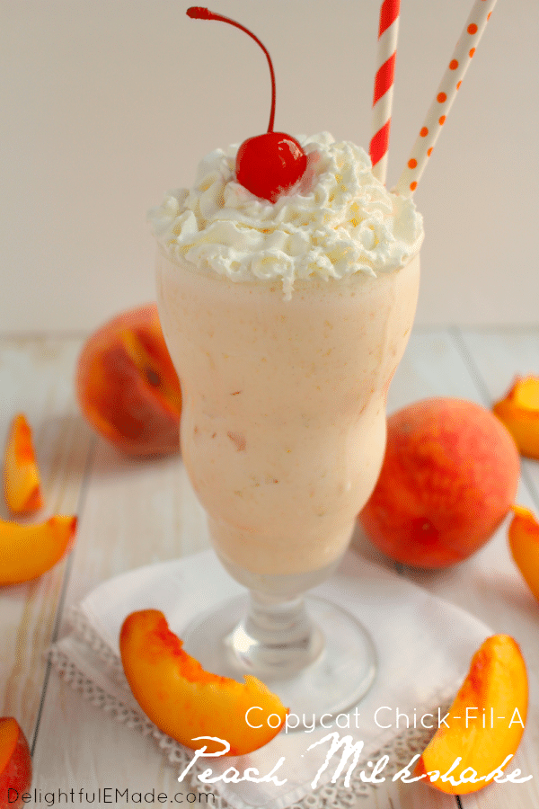 Love Chick-fil-A Peach Milkshakes?  My Copycat Chick-fil-A Peach Milkshake has delicious chunks of fresh peaches, and creamy vanilla ice cream blended together for the most amazing shake right at home!