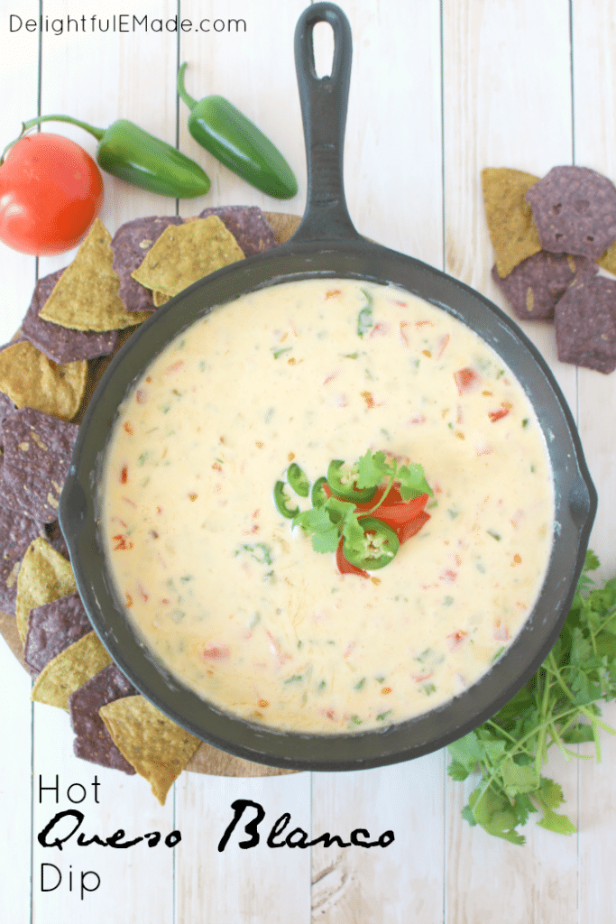 This hot, cheesy dip is perfect for game day!  Loaded with two types of cheese, along with fresh tomatoes, jalapenos, and onions, this restaurant-style queso is the perfect appetizer anytime you want a great snack!