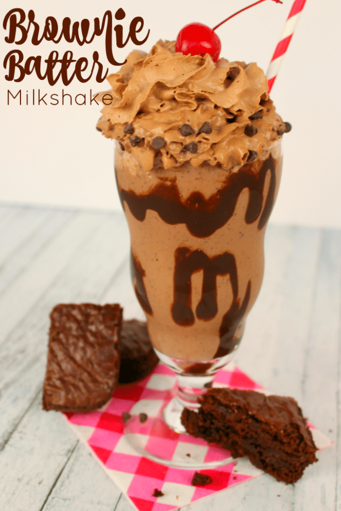 Every chocolate lovers dream!!  This Brownie Batter Milkshake is loaded with creamy, delicious chocolate flavor, brownie pieces, and topped with delicious chocolate whipped cream!  The perfect frozen treat for cooling off on a hot day!