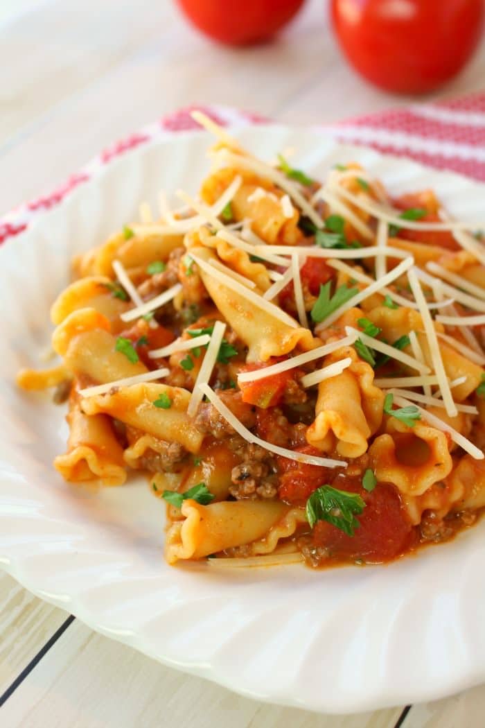 In need of an easy weeknight dinner idea? This One Pot Cheesy Italian Goulash is the perfect dinner solution and a fantastic ground beef recipe! Made with simple ingredients that you likely already have in your pantry, this one skillet pasta with meat sauce is fantastic for feeding your family any night of the week!