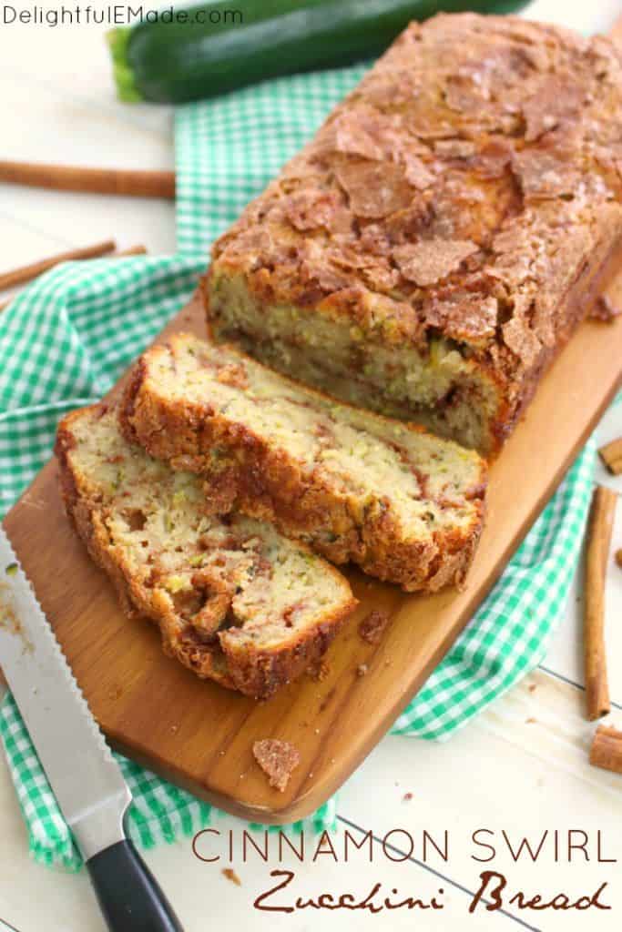 Loaded with garden fresh zucchini, and a cinnamon sugar swirl, this incredible zucchini bread will have you coming back for seconds! Â Perfect for an afternoon snack and great with your morning coffee, this simple zucchini bread recipe is amazing!