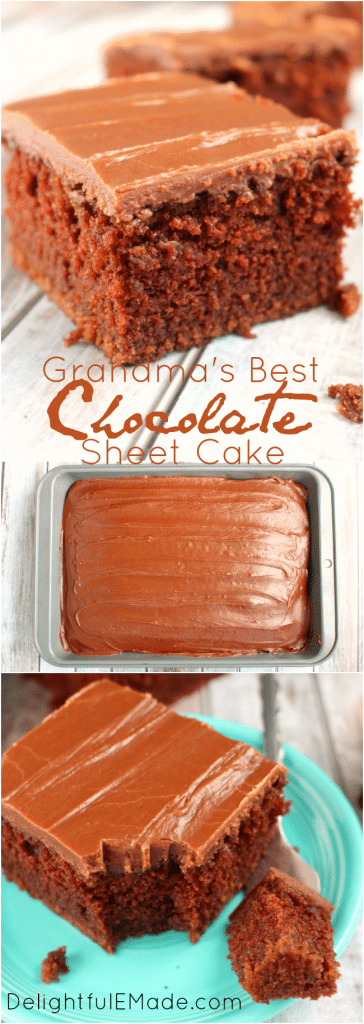 My Grandma's Best Chocolate Cake is famous! This decadent chocolate sheet cake recipe is topped with a luscious chocolate icing making it my all-time favorite chocolate cake.  Once slice won't be enough!