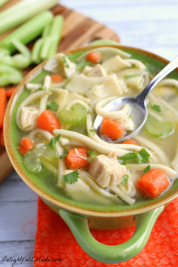 Loaded with both wide and narrow egg noodles, along with carrots, celery and thick chunks of chicken, this soup will warm the body and soul!