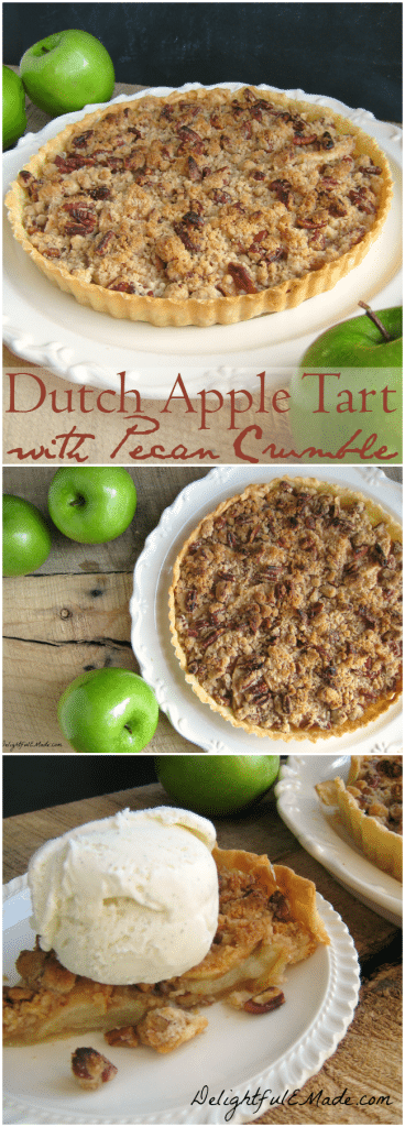 Easy as pie, this Dutch Apple Tart is an even easier version of the classic pie recipe! Sweet, tender apples, and a brown sugar cinnamon pecan crumble are baked to perfection making this tart a perfect addition to your holiday dessert table! Fantastic for Thanksgiving and Christmas dinner!