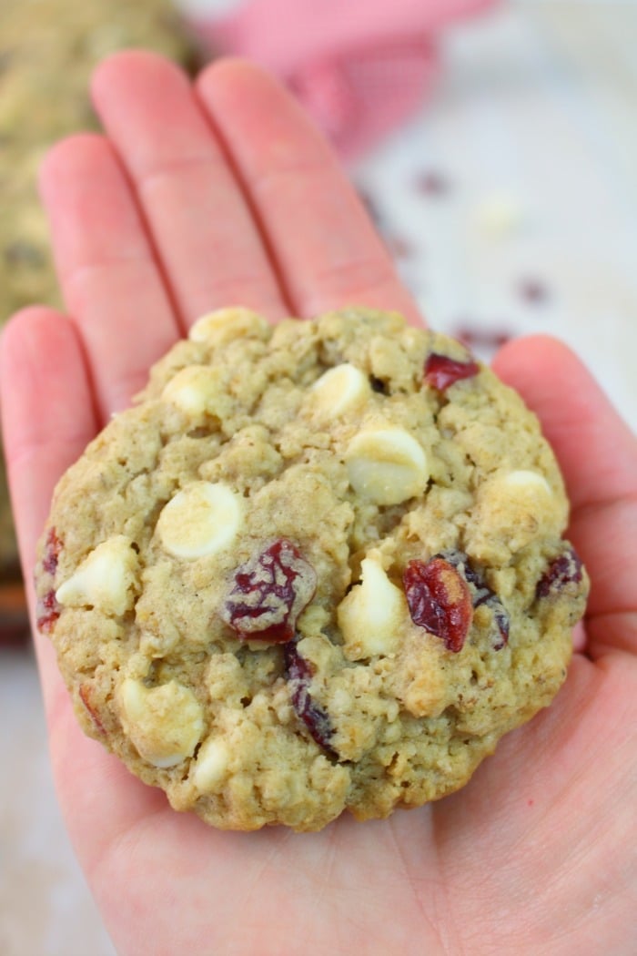 One of my favorite oatmeal cookie recipes are these White Chocolate Chip Cranberry Oatmeal Cookies. The pretty red "craisins" make them perfect for Christmas, but they're actually amazing any time of year!