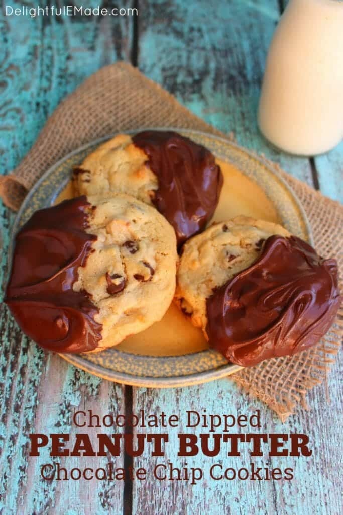 If you love chocolate and peanut butter, these cookies are for you! These Peanut Butter Chocolate Chip Cookies are the perfect marriage of chocolate chip and peanut butter cookies. Perfectly chewy, and dipped in chocolate this chocolate chip cookie recipe is the perfect treat for every chocolate and peanut butter lover!