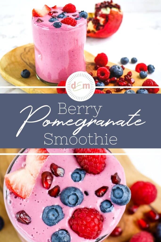 Berry pomegranate smoothie, with two images, topped with fresh berries and pomegranate arils.