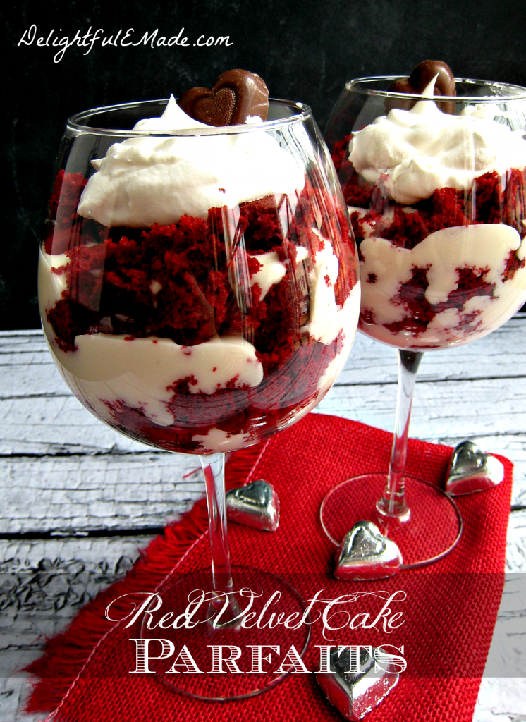 If you like Red Velvet Cake, you'll LOVE this beautiful dessert. Served up in wine glasses, this cake parfait is easy and delicious!