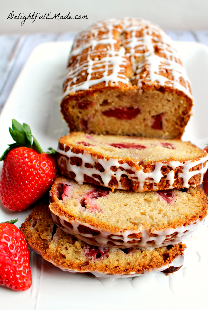 A great breakfast bread or delicious afternoon treat with your coffee or tea.  Its golden vanilla batter is bejeweled with juicy strawberries, and baked to perfection.