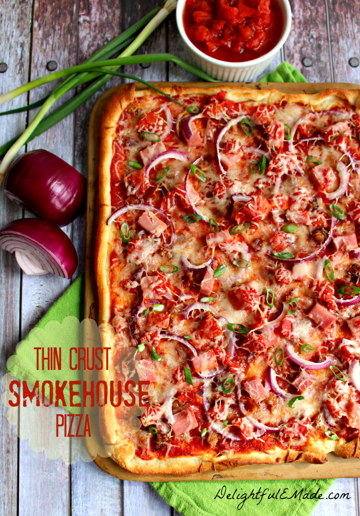 Smokey bacon, ham, red and green onions and plenty of cheese top this delicious thin crust pizza!  The perfect dinner option for any night of the week!
