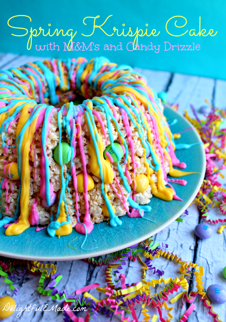 The perfect spring or Easter treat!  Simple krispie treats are turned into a pretty spring snack using a bundt pan and a few other goodies!