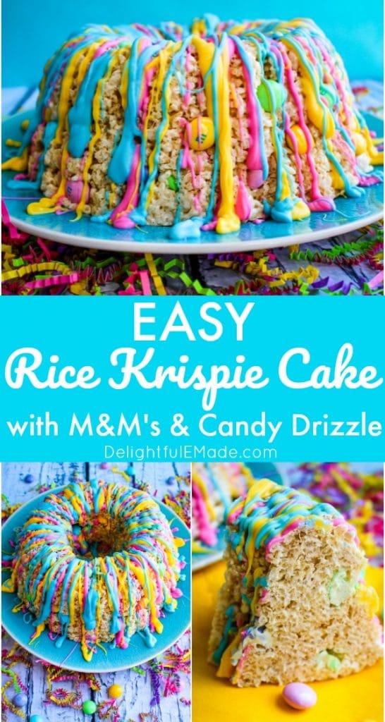 This rice krispie cake recipe will be your new favorite spring treat!   Super easy to make, this rice krispie cake is made in a bundt pan, and loaded with colorful spring M&M's candies, and drizzled with pretty pastel candy melts.