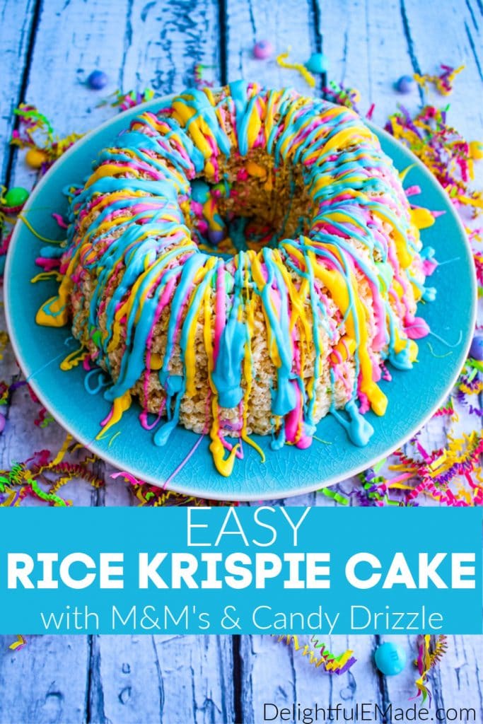 This rice krispie cake recipe will be your new favorite spring treat!   Super easy to make, this rice krispie cake is made in a bundt pan, and loaded with colorful spring M&M's candies, and drizzled with pretty pastel candy melts.