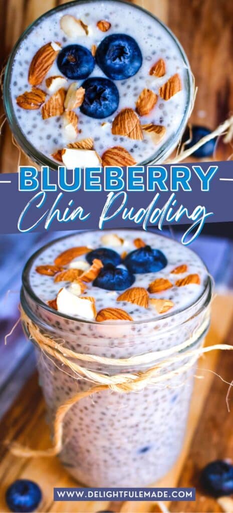 Blueberry chia seed pudding in a mason jar topped with fresh blueberries and chopped almonds.