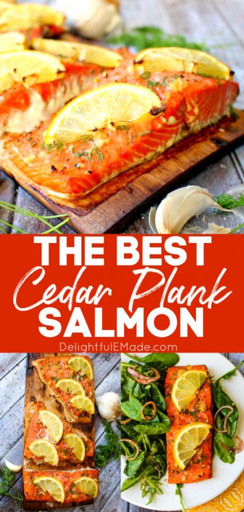 Grilled Cedar Plank Salmon, filets on charred plank topped with lemon slices and fresh dill sprigs.