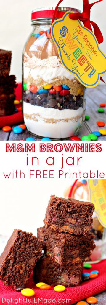 Everyone loves brownies!! Why not give it as a gift? This easy M&M Brownie mix in a jar is the perfect "Thank You" gift for anyone in your life. Makes a great teacher appreciation gift!