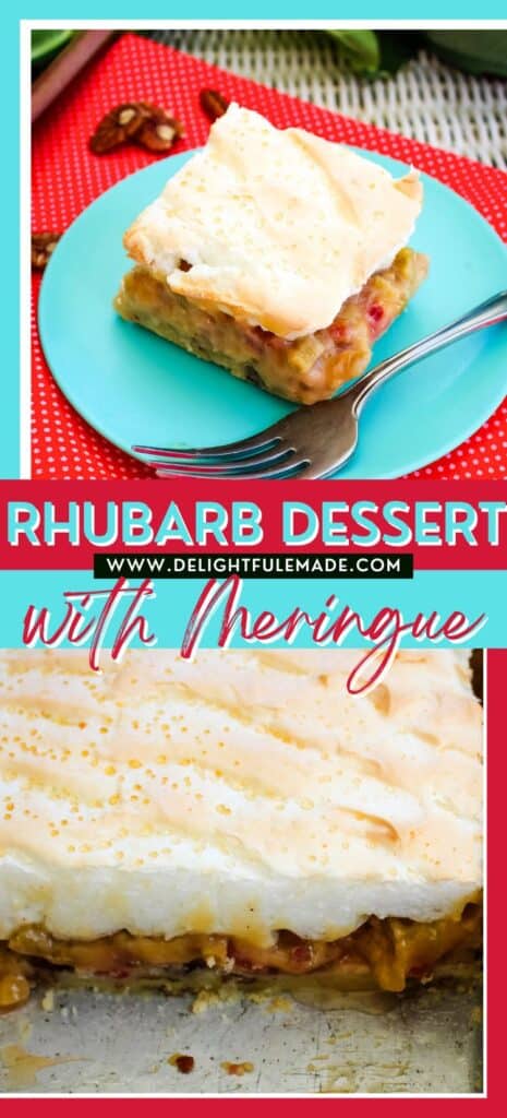 Photo of slice of rhubarb dessert with meringue on a plate, and photo of the dessert in the pan.