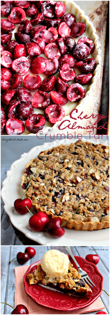 Even easier than Cherry Pie, this Cherry Almond Crumble Tart is fabulous! Loaded with fresh cherry flavor, this super-simple tart recipe, uses store-bought pie crust, along with fresh or frozen cherries.  Makes an amazing Thanksgiving or Christmas dessert or just a simple weeknight treat!