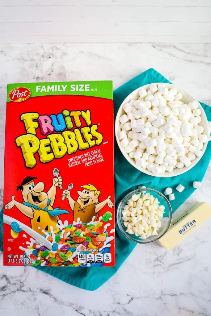 Ingredients needed to make Fruity Pebbles marshmallow treats.