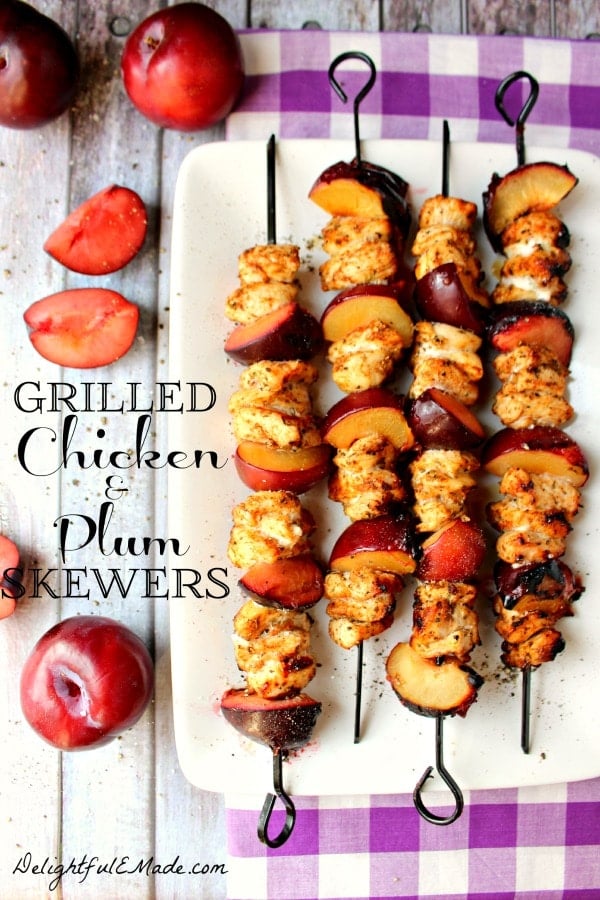Meet your new favorite way to make Grilled Chicken Skewers! Simple chicken breasts are paired with sweet, summer plums making this grilled chicken recipe a summer dinner favorite! A fantastic plum recipe, too!