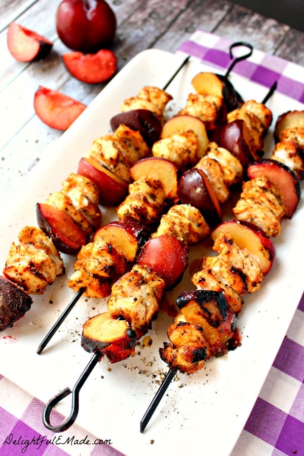 Meet your new favorite way to make Grilled Chicken Skewers! Simple chicken breasts are paired with sweet, summer plums making this grilled chicken recipe a summer dinner favorite! A fantastic plum recipe, too!
