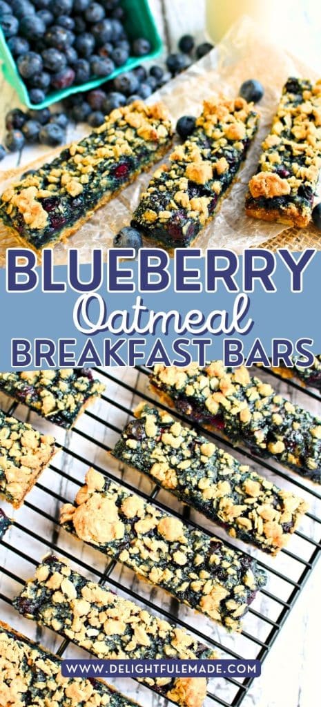 Blueberry oatmeal breakfast bars cut into rectangular bars, sitting on a cooling rack.