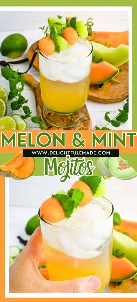 Melon mojito in a glass topped with fresh melon and mint leaves; mojito glass held in hand.