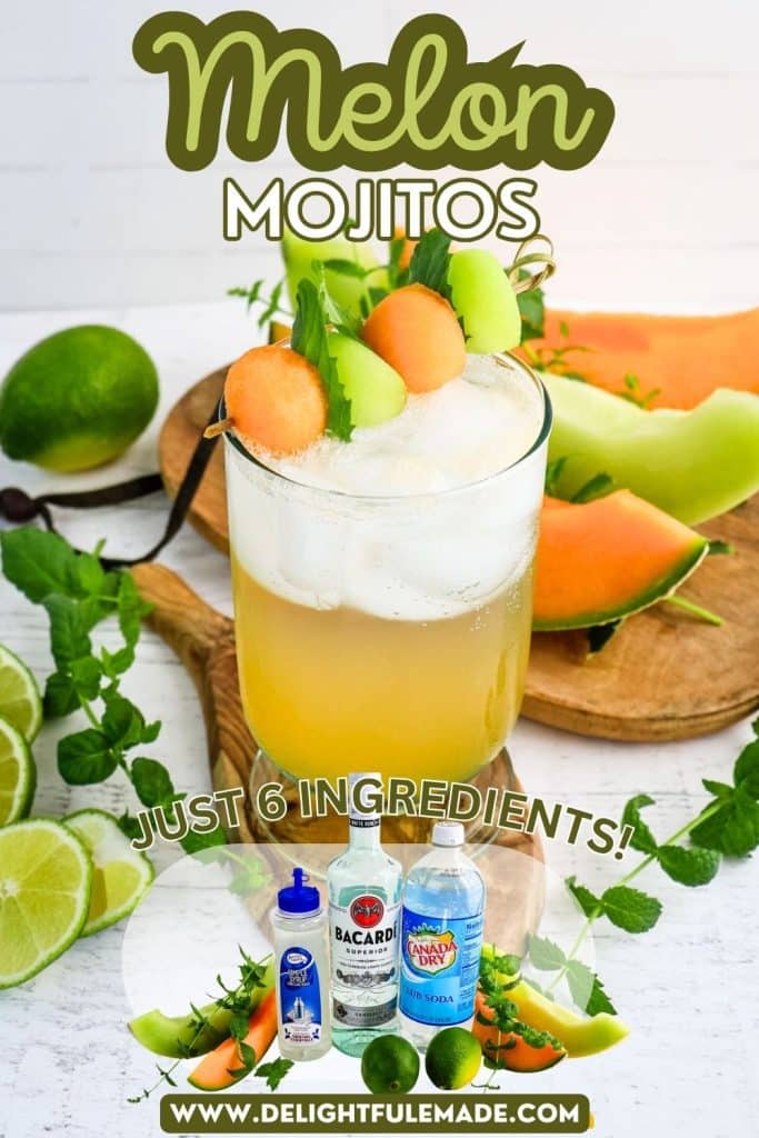 Melon mojito topped with melon balls and fresh mint leaves; includes photo of ingredients needed to make mojito.