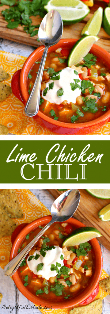 An easy, healthy, delicious dinner that's ready in under 30 minutes! Made with chicken, beans and peppers along with fresh lime juice and cilantro, this chili is fabulous!