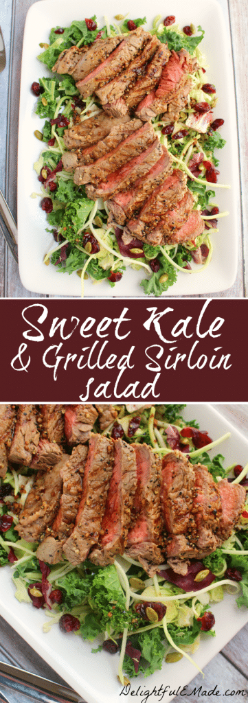 Loaded with crunchy, delicious kale, Brussels sprouts, shredded broccoli, cabbage and chicory and topped with grilled sirloin steak, this salad has a mildly sweet, peppery flavor. Fresh, filling and perfect for lunch or a light dinner! 