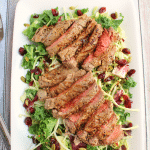 The perfect entree salad for the meat lover! Loaded with crunchy, delicious kale, Brussels sprouts, shredded broccoli, cabbage and chicory and topped with grilled sirloin steak, this salad is incredible. Fresh, filling and perfect for lunch or a light dinner!