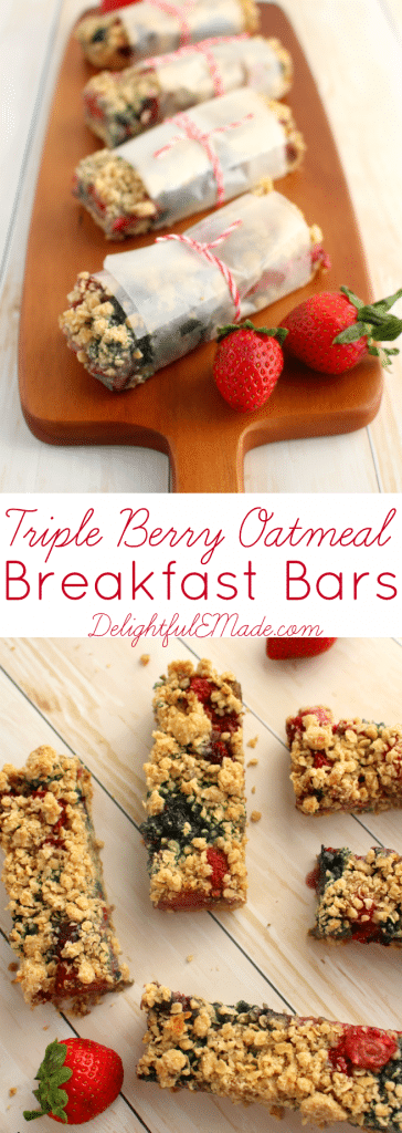 The combination of sweet, zesty Strawberries, Raspberries and Blueberries are baked to perfection with a rolled oats and brown sugar.  These breakfast bars make the perfect quick breakfast on the go!