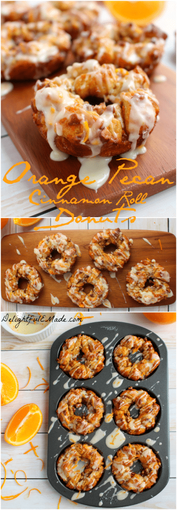 Donuts and cinnamon rolls come together for the most amazing breakfast treat! Orange zest, chopped pecans and an orange glaze top these easy-to-make donuts, perfect for any morning.
