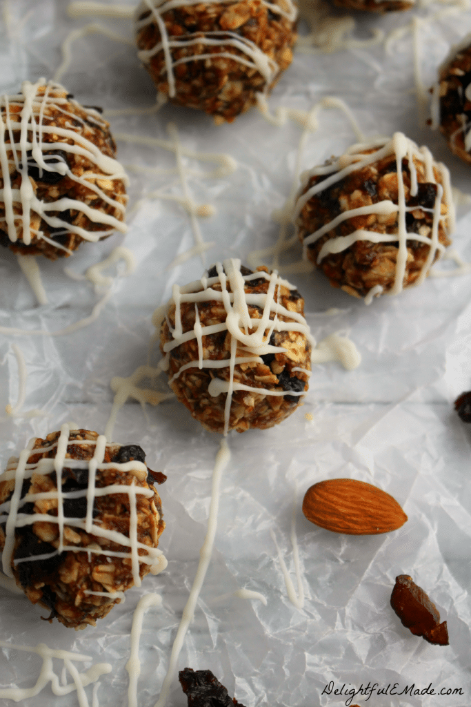 These Plum and Almond Energy Bites are the perfect snack when you're craving something sweet!  Made with sweet, delicious dried plums & prunes, almonds, oats, and a drizzle of white chocolate, its the perfect healthy snack!