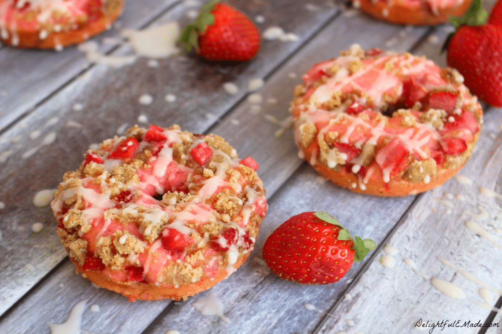  These Strawberry Coffee Cake Donuts are loaded with fresh, chopped strawberries, topped with coffee cake streusel and drizzled with glaze. Breakfast treats have never been more pretty or tasty as these!