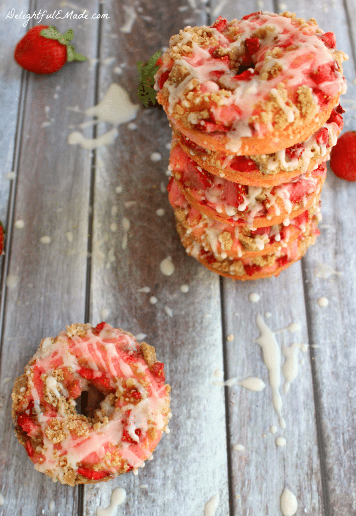  These Strawberry Coffee Cake Donuts are loaded with fresh, chopped strawberries, topped with coffee cake streusel and drizzled with glaze. Breakfast treats have never been more pretty or tasty as these!