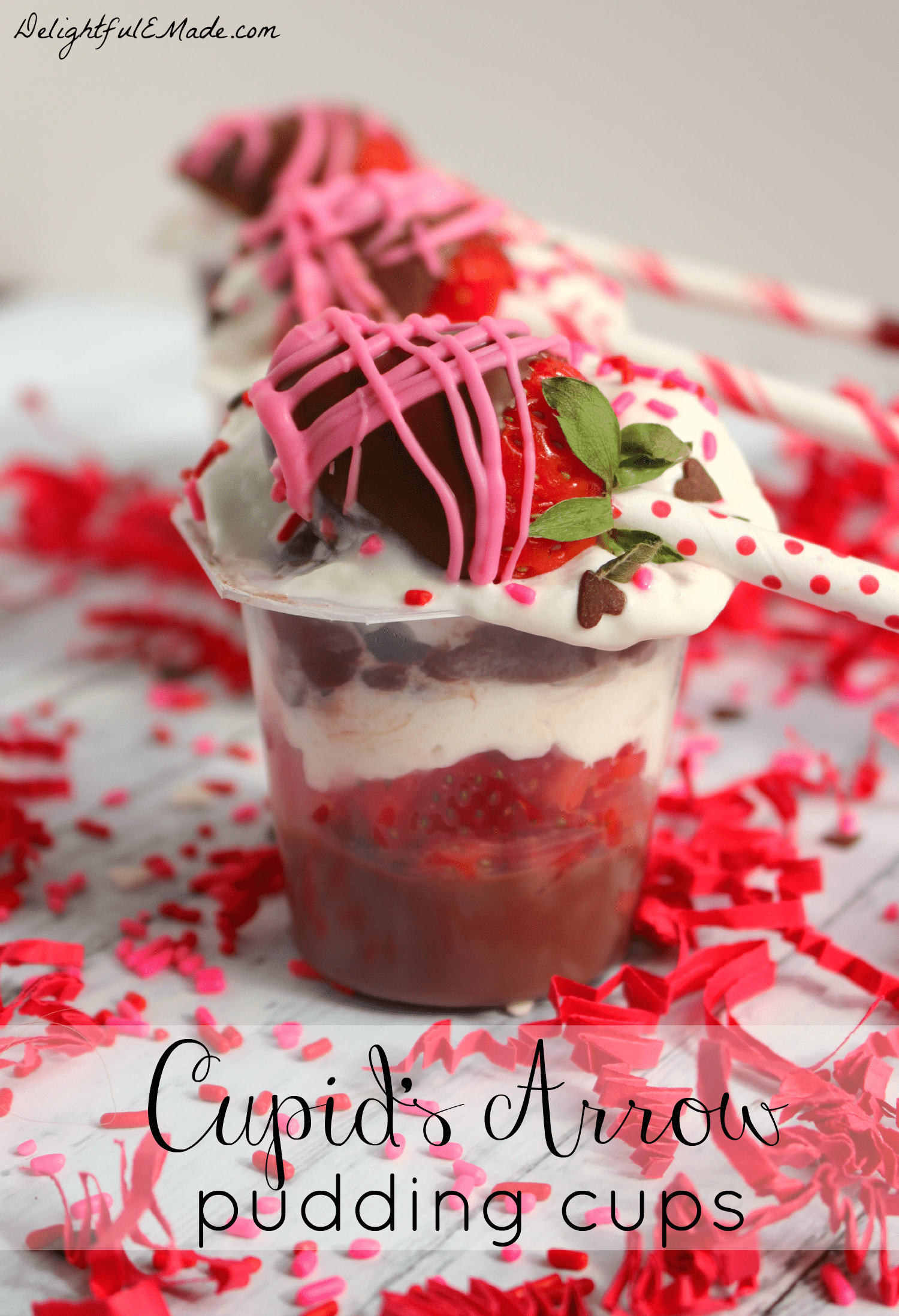 Made with Snack Pack Pudding Cups, and topped with chocolate covered strawberry cupid arrows, these snacks are perfect for celebrating your sweethearts!