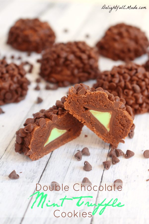 If you like chocolate and mint, you'll LOVE these! Super soft, fudgy cookies surround a mint truffle chocolate, and are topped with mini chocolate chips.