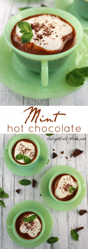 Relax and enjoy a rich, delicious cup of home made Mint Hot Chocolate!  It's so easy to make using just a few simple ingredients.  You'll never use store-bought powdered cocoa mix after having this!