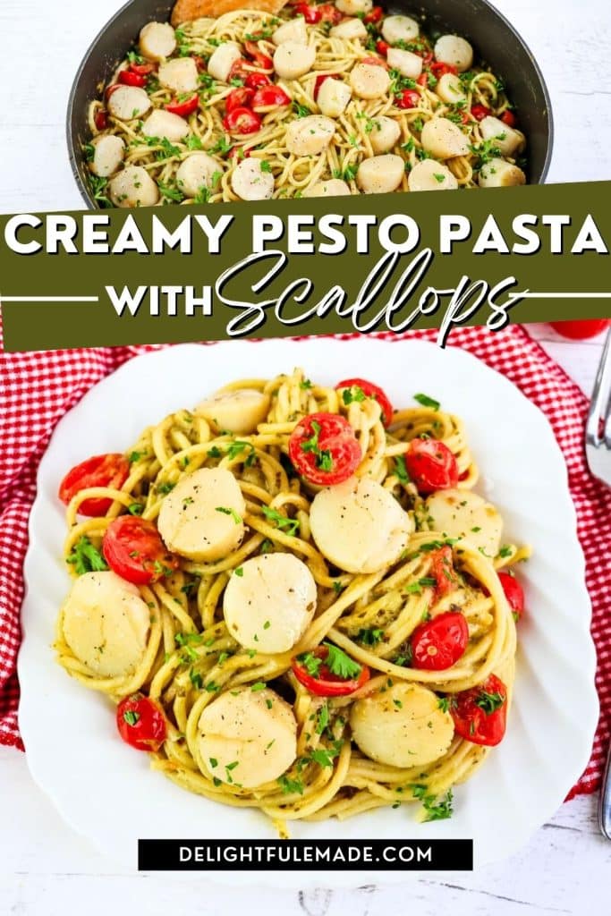 Creamy pesto pasta with scallops and tomatoes in a skillet and on a plate.