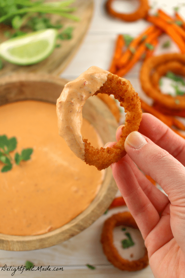 Spice up your fries and onion rings with this amazing Smokey Chipotle Dipping Sauce! Perfect for dipping or even spread on a sandwich!