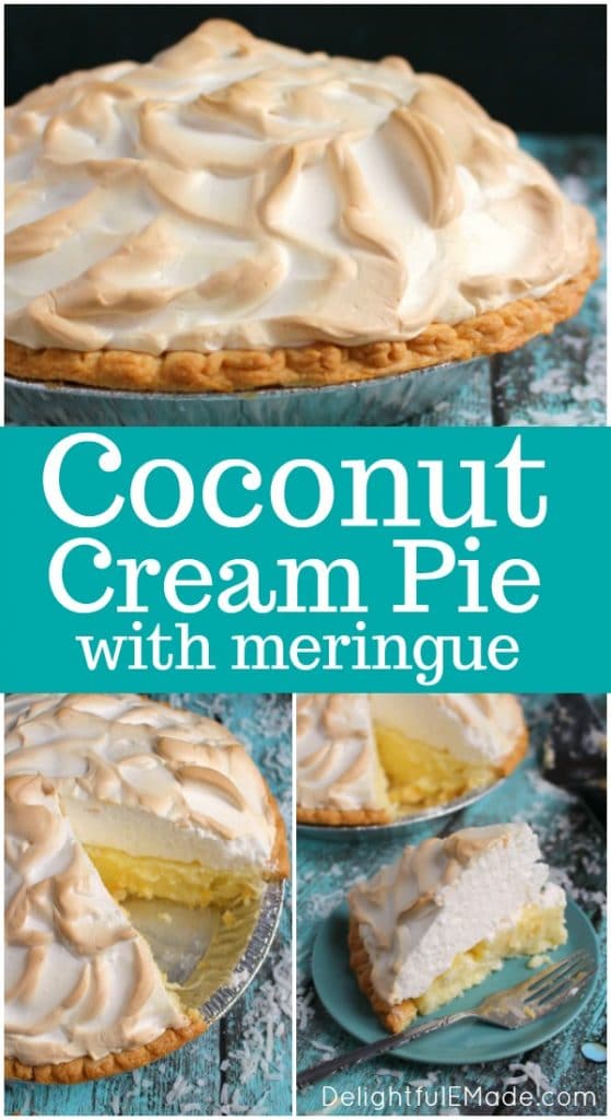 The coconut meringue pie of your dreams! This classic Coconut Cream Pie recipe is made with a gorgeous meringue and perfectly creamy coconut custard filling. This coconut cream pie with meringue is the ultimate dessert for any holiday meal or celebration!