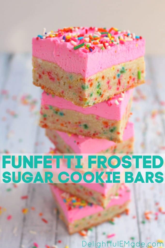 The BEST sugar cookie bars!  These thick, chewy frosted sugar cookie bars are loaded with sprinkles and topped with a thick layer of rich butter cream frosting. Every sprinkle lovers dream!