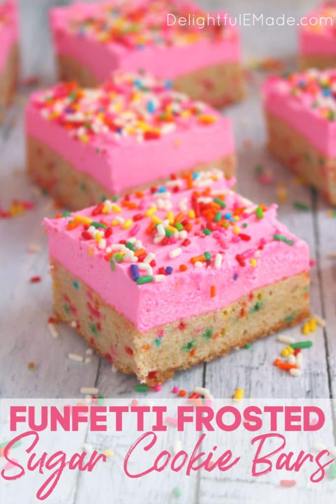 The BEST sugar cookie bars!  These thick, chewy frosted sugar cookie bars are loaded with sprinkles and topped with a thick layer of rich butter cream frosting. Every sprinkle lovers dream!