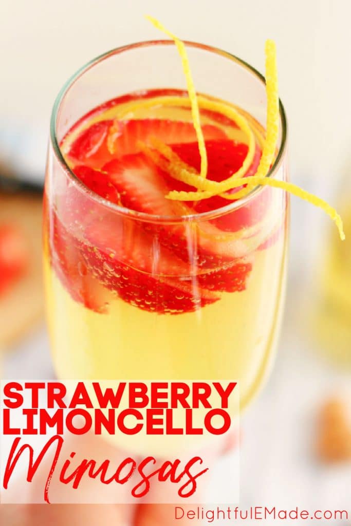 Strawberry limoncello spritzers, limoncello mimosas with sliced strawberries.