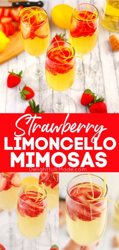 Strawberry limoncello mimosas with sliced strawberries and lemon zest.