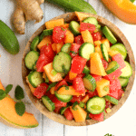 A new fruit salad brought to a whole new level! Crunchy cucumbers, sweet watermelon and cantaloupe along with a delicious lime-ginger dressing makes this salad wonderfully fresh and delicious!