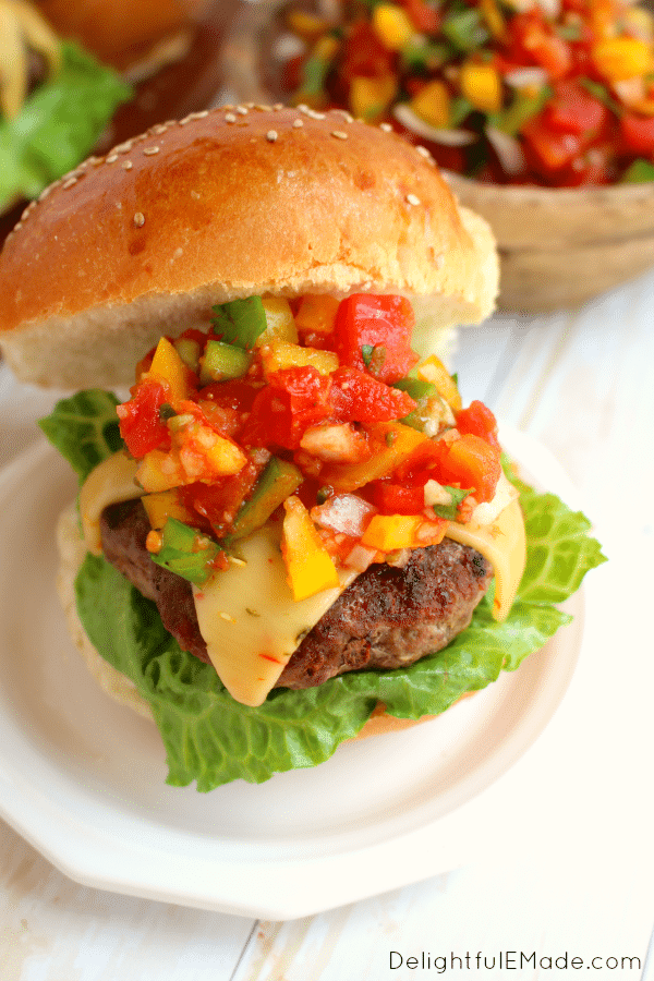 Fire up the grill, its time for some amazing burgers! Salsa made with delicious tomatoes, peppers, onions and garlic, along with pepper jack cheese bring serious flavor and freshness to our favorite summertime staple!
