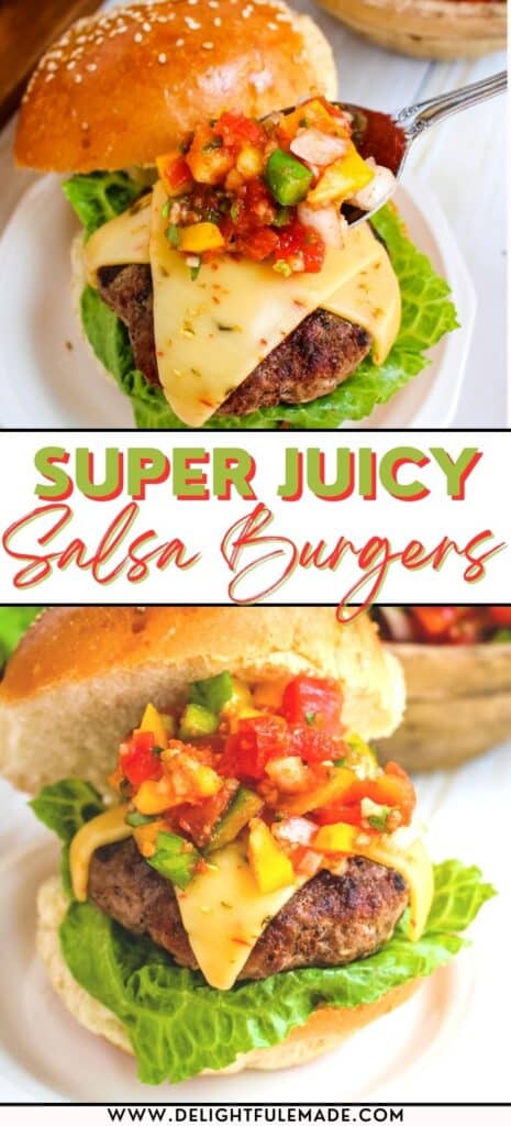 Two images of salsa burgers, one with salsa being spooned on to burger, and other with salsa burger recipe on a bun.